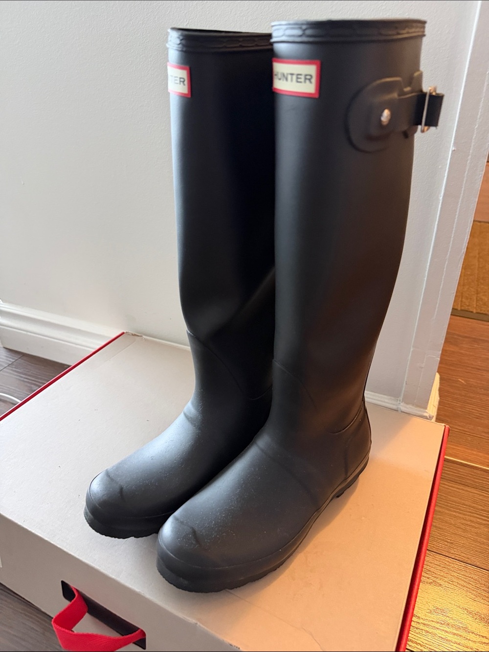 Hunter Matte Black Knee-High Rain Boots with Red Logo